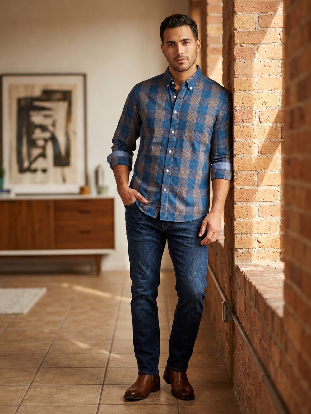 Men’s Blue Plaid Button-Down Shirt